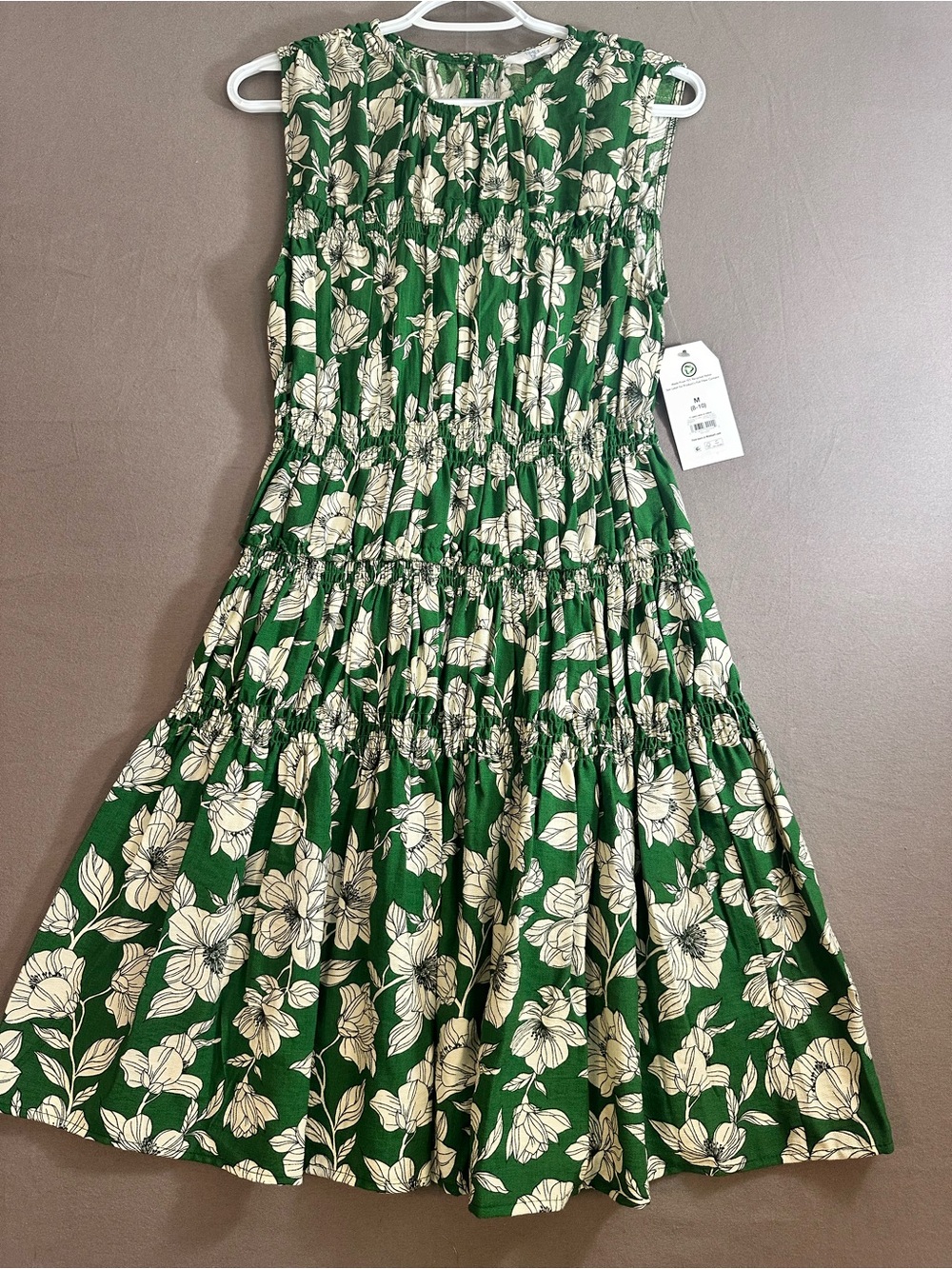 Time and Tru Green and Cream Floral Smocked Tiered Dress